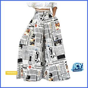 Women's Newspaper Print Wide Leg Palazzo Pants Elastic Waist